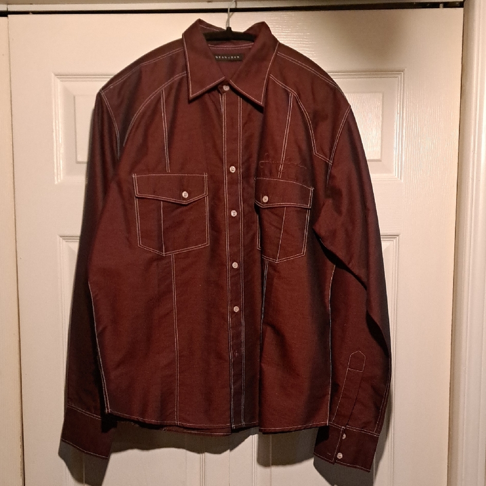 NEW Sean John Dark Redish  Button-Front Dress Shirt For men new classic style